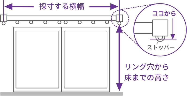 採寸する横幅 ココから ストッパー リング穴から床までの高さ